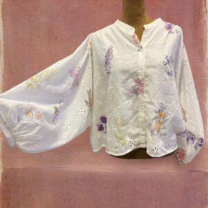 Modern Eyelet Coquette Cottage Boho Feminine White Floral Blouse Top